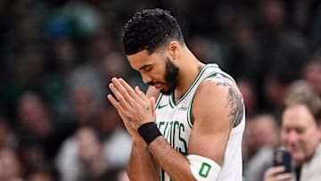 Mar 8, 2025; Boston, Massachusetts, USA; Boston Celtics forward Jayson Tatum (0) reacts before a game against the Los Angeles Lakers at the TD Garden. Mandatory Credit: Brian Fluharty-Imagn Images