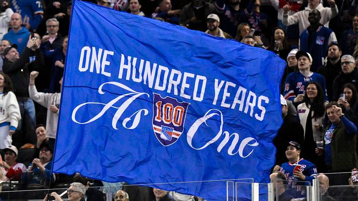 Nov 16, 2025; New York, New York, USA; General view of a flag being waved by New York Rangers staff during the second period against the Detroit Red Wings at Madison Square Garden. Nov 16, 2025; New York, New York, USA; General view of a flag being waved by New York Rangers staff during the second period against the Detroit Red Wings at Madison Square Garden.