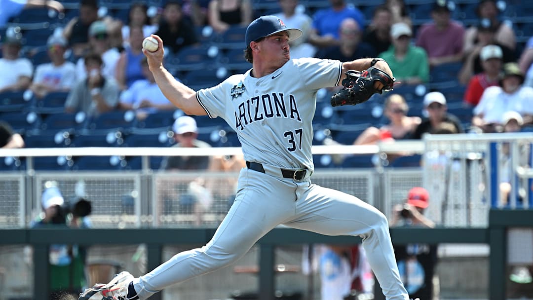 Jun 15, 2025; Omaha, Neb, USA;  Arizona Wildcats pitcher Tony Pluta (37) throws against the Louisville Cardinals during the eighth inning at Charles Schwab Field. Mandatory Credit: Steven Branscombe-Imagn Images