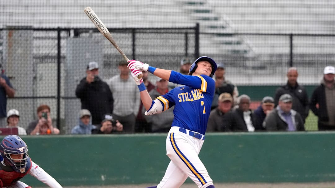 Stillwater's Ethan Holliday swings during the high school baseball game between Fort Cobb-Broxton and Stillwater at Edmond Santa Fe High School in Edmond, Okla., Friday, April, 18, 2025.