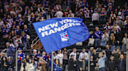 Apr 17, 2025; New York, New York, USA;  New York Rangers fans at Madison Square Garden. Mandatory Credit: Wendell Cruz-Imagn Images