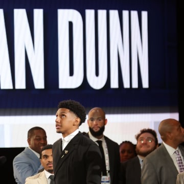 Jun 26, 2024; Brooklyn, NY, USA; Ryan Dunn reacts after being selected in the first round by the Denver Nuggets in the 2024 NBA Draft at Barclays Center. Mandatory Credit: Brad Penner-USA TODAY Sports