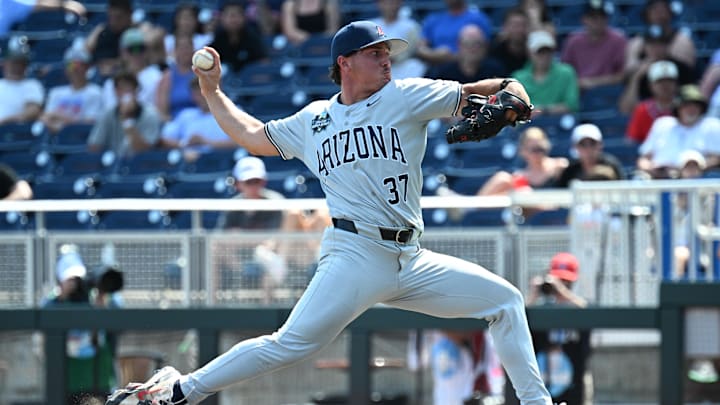 Jun 15, 2025; Omaha, Neb, USA;  Arizona Wildcats pitcher Tony Pluta (37) throws against the Louisville Cardinals during the eighth inning at Charles Schwab Field. Mandatory Credit: Steven Branscombe-Imagn Images