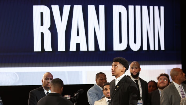 Jun 26, 2024; Brooklyn, NY, USA; Ryan Dunn reacts after being selected in the first round by the Denver Nuggets in the 2024 NBA Draft at Barclays Center. Mandatory Credit: Brad Penner-USA TODAY Sports