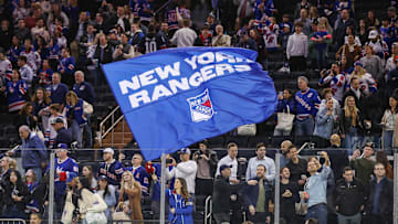 Apr 17, 2025; New York, New York, USA;  New York Rangers fans at Madison Square Garden. Mandatory Credit: Wendell Cruz-Imagn Images