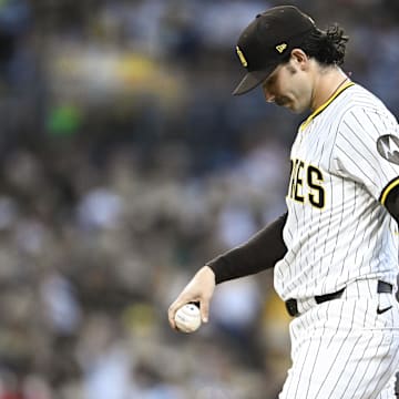 Jul 9, 2025; San Diego, California, USA; San Diego Padres starting pitcher Dylan Cease (84) stands on the mound after giving up a grand slam to Arizona Diamondbacks shortstop Geraldo Perdomo (2) (not pictured) during the fifth inning at Petco Park. Mandatory Credit: Denis Poroy-Imagn Images