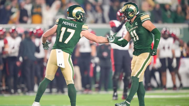 Nov 11, 2023; Fort Collins, Colorado, USA; Colorado State Rams defensive back Henry Blackburn (11) and defensive back Jack Howell (17) react to a sack during the second quarter against the San Diego State Aztecs at Sonny Lubick Field at Canvas Stadium. Mandatory Credit: Andrew Wevers-USA TODAY Sports