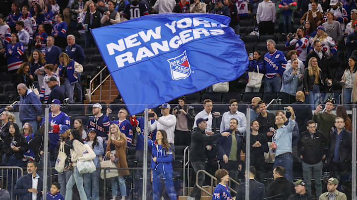 Apr 17, 2025; New York, New York, USA;  New York Rangers fans at Madison Square Garden.