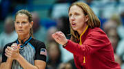 Dec 21, 2024; Hartford, Connecticut, USA; USC Trojans head coach Lindsay Gottlieb talks to the official from the sideline as they take on the UConn Huskies at XL Center. Mandatory Credit: David Butler II-Imagn Images