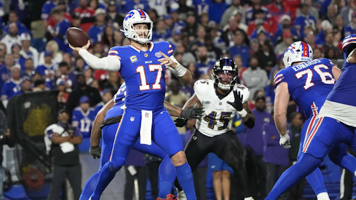 Sep 7, 2025; Orchard Park, New York, USA;  Buffalo Bills quarterback Josh Allen (17) looks to pass during the fourth quarter against the Baltimore Ravens at Highmark Stadium. Mandatory Credit: Gregory Fisher-Imagn Images