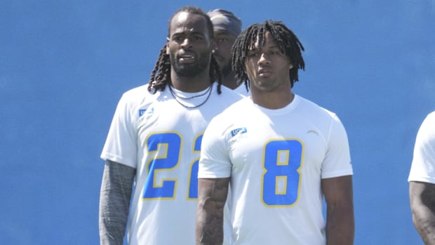 Los Angeles Chargers running backs Najee Harris and Omarion Hampton.