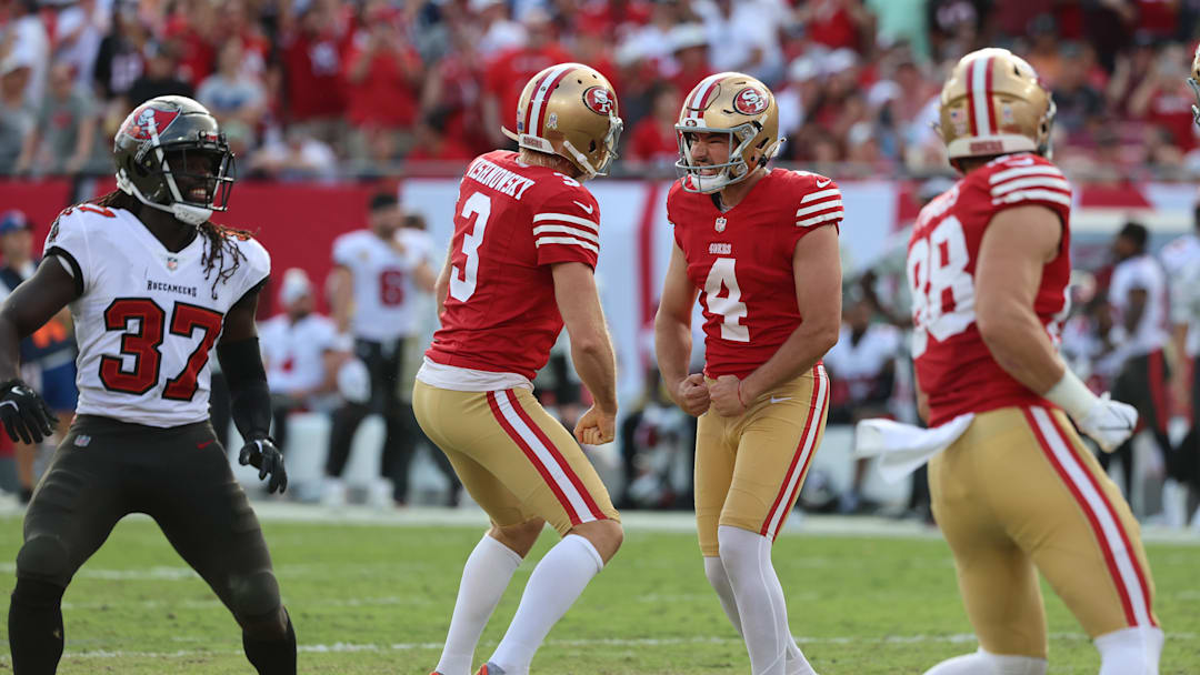 Nov 10, 2024; Tampa, Florida, USA; San Francisco 49ers place kicker Jake Moody (4) celebrates after he makes the game winning field goal against the Tampa Bay Buccaneers during the second half at Raymond James Stadium. Mandatory Credit: Kim Klement Neitzel-Imagn Images