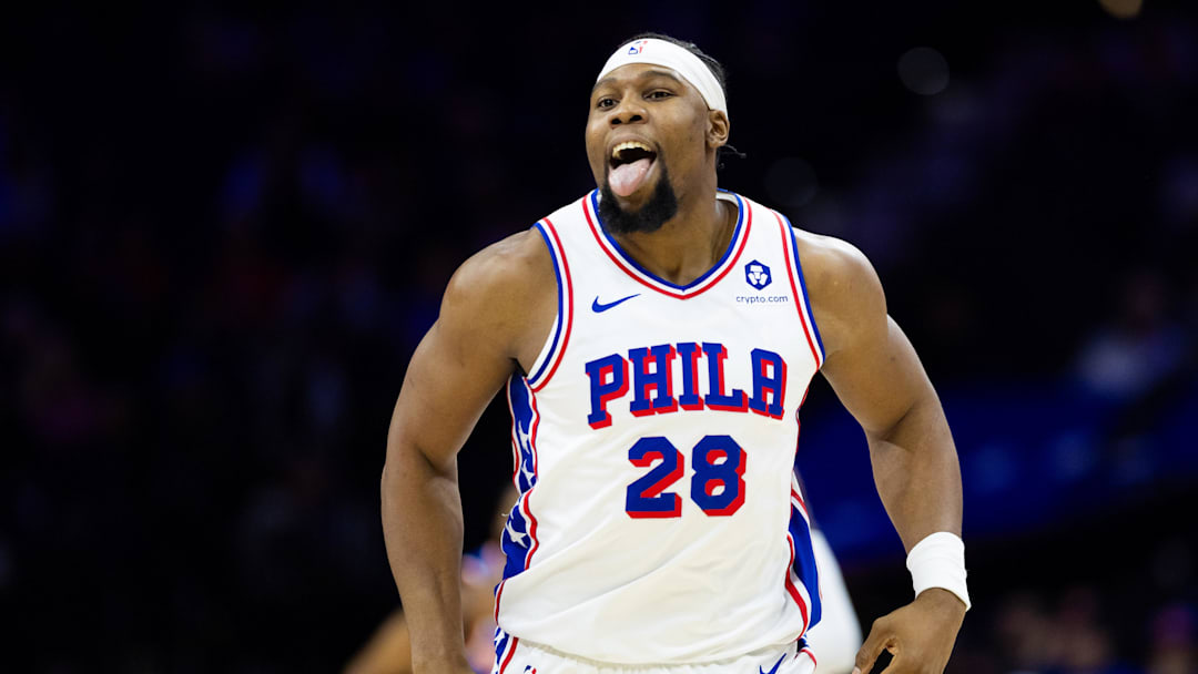 Jan 15, 2025; Philadelphia, Pennsylvania, USA; Philadelphia 76ers forward Guerschon Yabusele (28) reacts after missing a shot against the New York Knicks during the first quarter at Wells Fargo Center. Mandatory Credit: Bill Streicher-Imagn Images