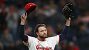 Sep 8, 2025; Cleveland, Ohio, USA; Cleveland Guardians starting pitcher Slade Cecconi (44) reacts after losing his no-hitter against the Kansas City Royals during the eighth inning at Progressive Field. Mandatory Credit: Ken Blaze-Imagn Images