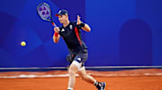 Jul 28, 2024; Paris, France; Andy Murray (GBR) plays against Taro Daniel (JPN) and Kei Nishikori (JPN) in the men’s tennis doubles first round during the Paris 2024 Olympic Summer Games at Stade Roland Garros. Mandatory Credit: Amber Searls-USA TODAY Sports
