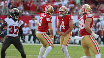 Nov 10, 2024; Tampa, Florida, USA; San Francisco 49ers place kicker Jake Moody (4) celebrates after he makes the game winning field goal against the Tampa Bay Buccaneers during the second half at Raymond James Stadium. Mandatory Credit: Kim Klement Neitzel-Imagn Images