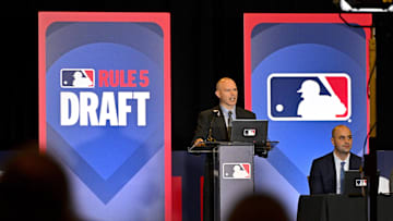 Dec 11, 2024; Dallas, TX, USA; Jeff Pfeifer MLB VP of Baseball Operations speaks during the Rule 5 Draft at the 2024 MLB Winter Meetings at the Hilton Anatole. Mandatory Credit: Jerome Miron-Imagn Images