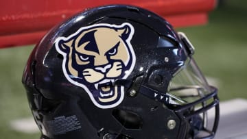 Nov 18, 2023; Fayetteville, Arkansas, USA; FIU Panthers helmet prior to the game against the Arkansas Razorbacks at Donald W. Reynolds Razorback Stadium. Mandatory Credit: Nelson Chenault-USA TODAY Sports