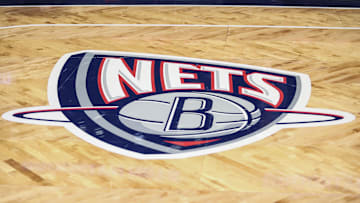 Nov 17, 2021; Brooklyn, New York, USA; The old Nets logo on the court prior to the game between the Cleveland Cavilers and the Brooklyn Nets at Barclays Center. Mandatory Credit: Wendell Cruz-Imagn Images