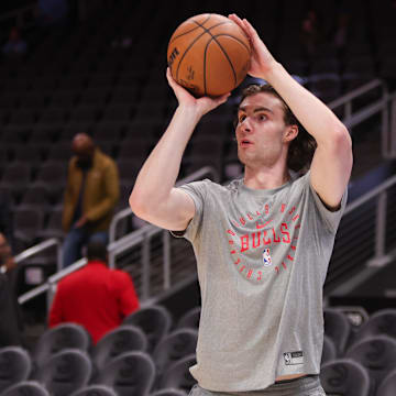 Dec 26, 2024; Atlanta, Georgia, USA; Chicago Bulls guard Josh Giddey (3) warms up before a game against the Atlanta Hawks at State Farm Arena. Mandatory Credit: Brett Davis-Imagn Images
