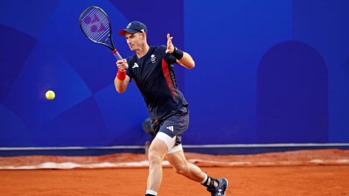 Jul 28, 2024; Paris, France; Andy Murray (GBR) plays against Taro Daniel (JPN) and Kei Nishikori (JPN) in the men’s tennis doubles first round during the Paris 2024 Olympic Summer Games at Stade Roland Garros. Mandatory Credit: Amber Searls-USA TODAY Sports