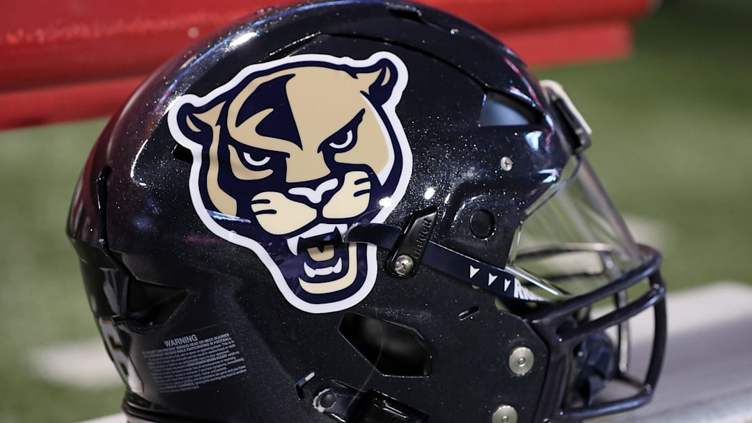 Nov 18, 2023; Fayetteville, Arkansas, USA; FIU Panthers helmet prior to the game against the Arkansas Razorbacks at Donald W. Reynolds Razorback Stadium. Mandatory Credit: Nelson Chenault-Imagn Images Nov 18, 2023; Fayetteville, Arkansas, USA; FIU Panthers helmet prior to the game against the Arkansas Razorbacks at Donald W. Reynolds Razorback Stadium. Mandatory Credit: Nelson Chenault-Imagn Images
