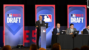 Dec 11, 2024; Dallas, TX, USA; Jeff Pfeifer MLB VP of Baseball Operations speaks during the Rule 5 Draft at the 2024 MLB Winter Meetings at the Hilton Anatole. Mandatory Credit: Jerome Miron-Imagn Images