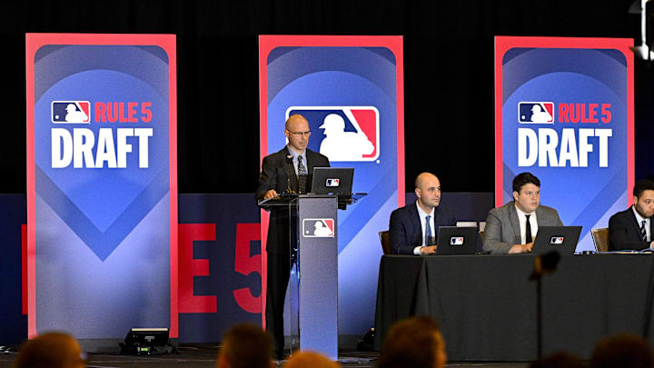 Dec 11, 2024; Dallas, TX, USA; Jeff Pfeifer MLB VP of Baseball Operations speaks during the Rule 5 Draft at the 2024 MLB Winter Meetings at the Hilton Anatole. Mandatory Credit: Jerome Miron-Imagn Images