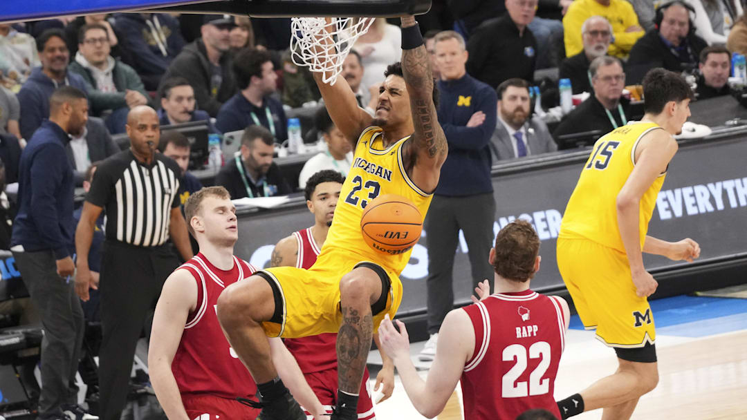 Mar 14, 2026; Chicago, IL, USA; Michigan Wolverines forward Yaxel Lendeborg (23) dunks the ball against the Wisconsin Badgers during the second half at United Center. Mandatory Credit: David Banks-Imagn Images Mar 14, 2026; Chicago, IL, USA; Michigan Wolverines forward Yaxel Lendeborg (23) dunks the ball against the Wisconsin Badgers during the second half at United Center. Mandatory Credit: David Banks-Imagn Images