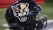 Nov 18, 2023; Fayetteville, Arkansas, USA; FIU Panthers helmet prior to the game against the Arkansas Razorbacks at Donald W. Reynolds Razorback Stadium. Mandatory Credit: Nelson Chenault-Imagn Images