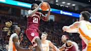 Indiana forward Mackenzie Mgbako (21) gets the reboudn during a college basketball exhibition game against Tennessee on Sunday, October 27, 2024, in Knoxville. Tenn.