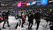 Jan 19, 2025; Philadelphia, Pennsylvania, USA; Philadelphia Eagles running back Saquon Barkley (26) runs off the field after defeating the Los Angeles Rams in a 2025 NFC divisional round game at Lincoln Financial Field. Mandatory Credit: Bill Streicher-Imagn Images