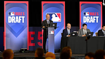 Dec 11, 2024; Dallas, TX, USA; Jeff Pfeifer MLB VP of Baseball Operations speaks during the Rule 5 Draft at the 2024 MLB Winter Meetings at the Hilton Anatole. Mandatory Credit: Jerome Miron-Imagn Images