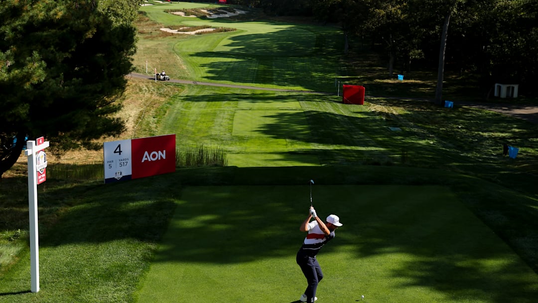 Scottie Scheffler tees off on the 4th hole at Bethpage Black, host of the 2025 Ryder Cup