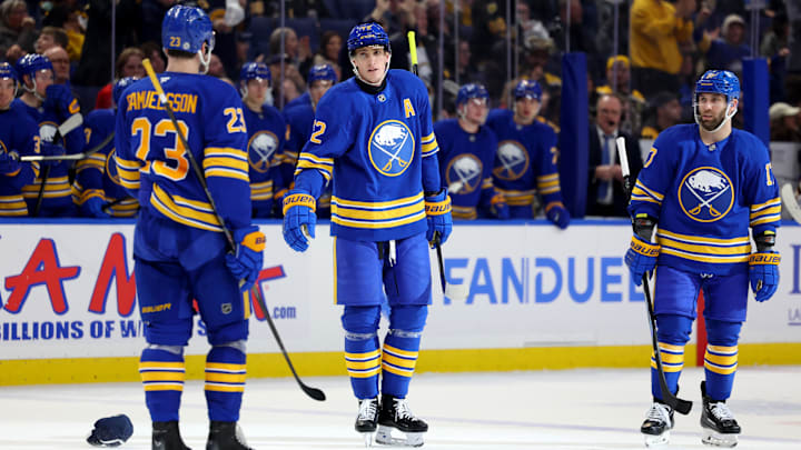 Apr 6, 2025; Buffalo, New York, USA;  Buffalo Sabres center Tage Thompson (72) celebrates his third goal of the game with teammates during the third period against the Boston Bruins at KeyBank Center. Mandatory Credit: Timothy T. Ludwig-Imagn Images
