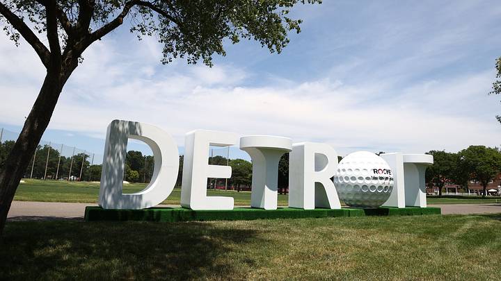 A general view of Rocket Classic signage at Detroit Golf Club