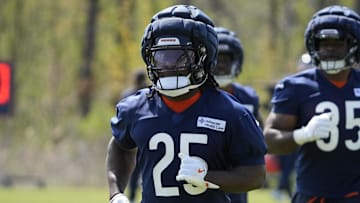 May 10, 2025; Lake Forest, IL, USA; Chicago Bears running back (25) Kyle Monangai participates during rookie minicamp at Halas Hall.