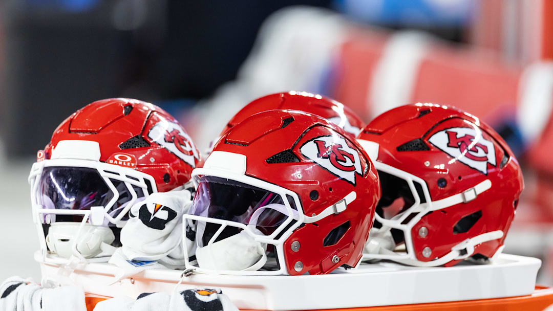 Aug 9, 2025; Glendale, Arizona, USA; Detailed view of a Kansas City Chiefs helmet during a preseason NFL game at State Farm Stadium. Mandatory Credit: Mark J. Rebilas-Imagn Images