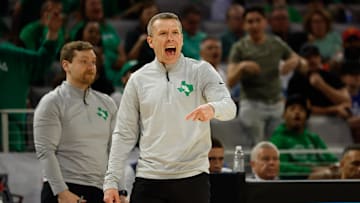 Mar 15, 2025; Fort Worth, TX, USA; North Texas Mean Green head coach Ross Hodge reacts against the UAB Blazers during the first half at Dickies Arena. Mandatory Credit: Chris Jones-Imagn Images