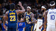 Nov 1, 2025; Indianapolis, Indiana, USA;  Indiana Pacers forward Pascal Siakam (43) celebrates a made shot in the second half against the Golden State Warriors  at Gainbridge Fieldhouse. Mandatory Credit: Trevor Ruszkowski-Imagn Images