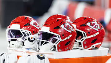 Aug 9, 2025; Glendale, Arizona, USA; Detailed view of a Kansas City Chiefs helmet during a preseason NFL game at State Farm Stadium. Mandatory Credit: Mark J. Rebilas-Imagn Images