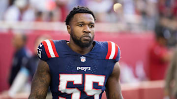 Dec 15, 2024; Glendale, Arizona, USA; New England Patriots linebacker Yannick Ngakoue (55) against the Arizona Cardinals at State Farm Stadium. Mandatory Credit: Mark J. Rebilas-Imagn Images