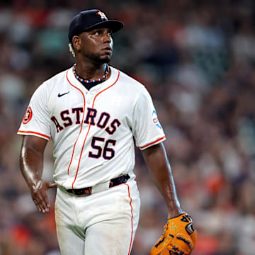 Sep 7, 2024; Houston, Texas, USA; Houston Astros starting pitcher Ronel Blanco (56) reacts after striking out Arizona Diamondbacks designated hitter Ketel Marte (not shown) during the eighth inning at Minute Maid Park.