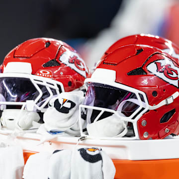 Aug 9, 2025; Glendale, Arizona, USA; Detailed view of a Kansas City Chiefs helmet during a preseason NFL game at State Farm Stadium. Mandatory Credit: Mark J. Rebilas-Imagn Images