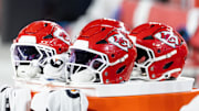 Aug 9, 2025; Glendale, Arizona, USA; Detailed view of a Kansas City Chiefs helmet during a preseason NFL game at State Farm Stadium. Mandatory Credit: Mark J. Rebilas-Imagn Images