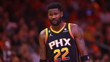 Apr 25, 2023; Phoenix, Arizona, USA; Phoenix Suns center Deandre Ayton (22) against the Los Angeles Clippers during game five of the 2023 NBA playoffs at Footprint Center. Mandatory Credit: Mark J. Rebilas-USA TODAY Sports
