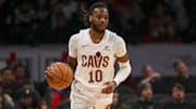 Feb 25, 2024; Washington, District of Columbia, USA;  Cleveland Cavaliers guard Darius Garland (10) dribbles up the court during the first half against the Washington Wizards at Capital One Arena. Mandatory Credit: Tommy Gilligan-Imagn Images