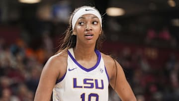 Mar 8, 2024; Greensville, SC, USA; LSU Lady Tigers forward Angel Reese (10) talks to an official during the first half against the Auburn Tigers at Bon Secours Wellness Arena. Mandatory Credit: Jim Dedmon-Imagn Images