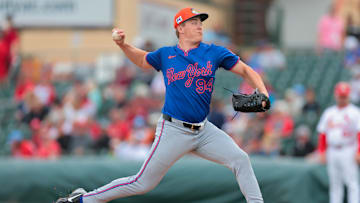 Feb 24, 2025; Jupiter, Florida, USA; New York Mets starting pitcher Blade Tidwell (94) delivers a pitch against the St. Louis Cardinals during the first inning at Roger Dean Chevrolet Stadium. Mandatory Credit: Sam Navarro-Imagn Images