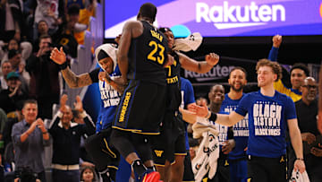 Feb 3, 2025; San Francisco, California, USA; Golden State Warriors forward Draymond Green (23) celebrates with guard Gary Payton II (0) and guard Buddy Hield (7) as a time out is called after a play against the Orlando Magic during the fourth quarter at Chase Center. Mandatory Credit: Kelley L Cox-Imagn Images